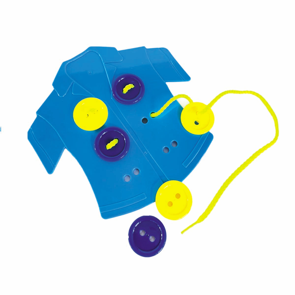 a blue t-shirt with holes for sewing on blue and yellow buttons